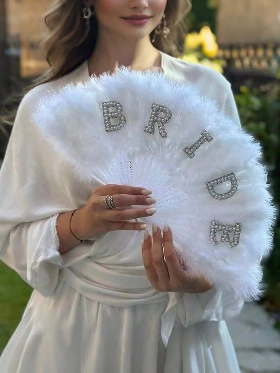 1pc Faux Pearl Bride Letter Decor White Feather Folding Fan, Handheld Fan For Bachelorette Party & Wedding Bride Shower Decorations, Elegant Wedding Favors